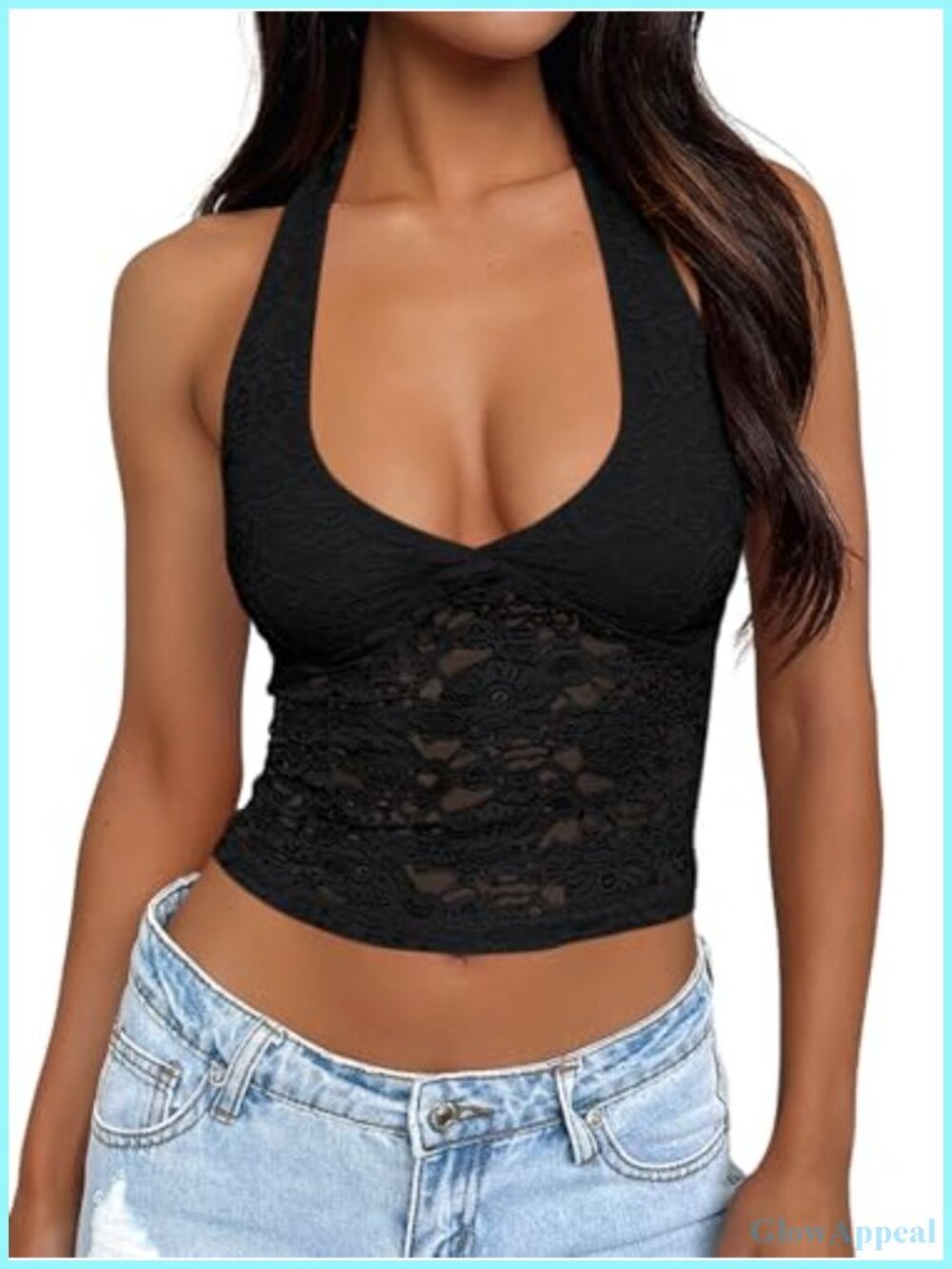 Lace V-Neck Halter Crop Top Double Lined Sleeveless Y2K Sexy Tank